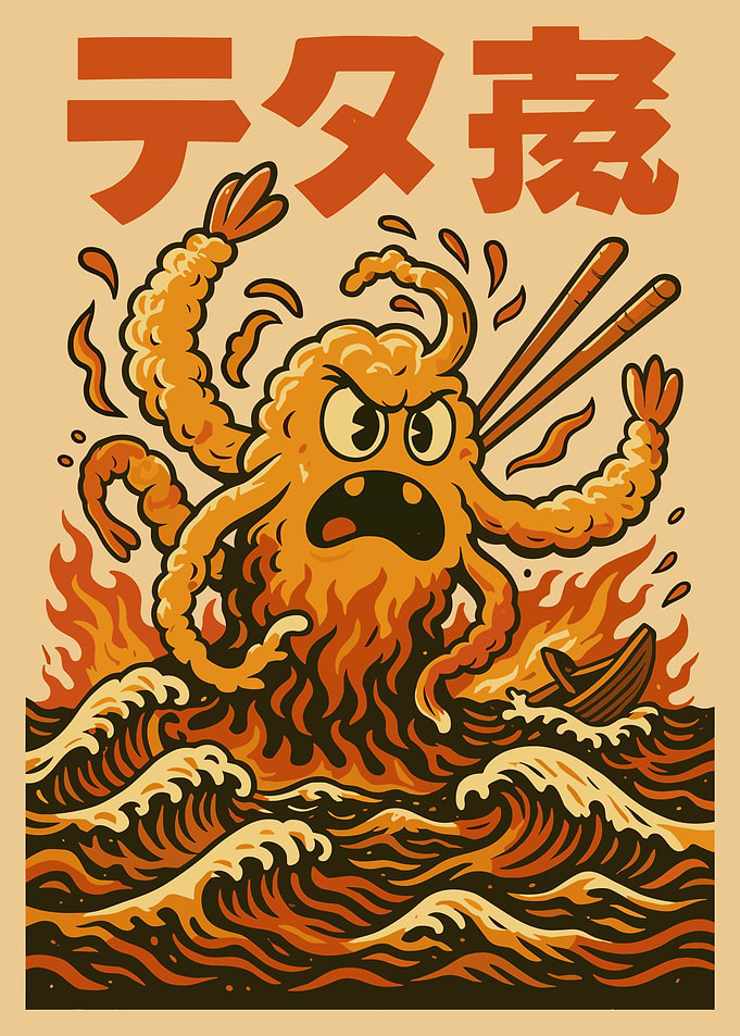 Tempura Shrimp Kaiju Japanese Wall Art Poster Funny Sushi Monster Illustration