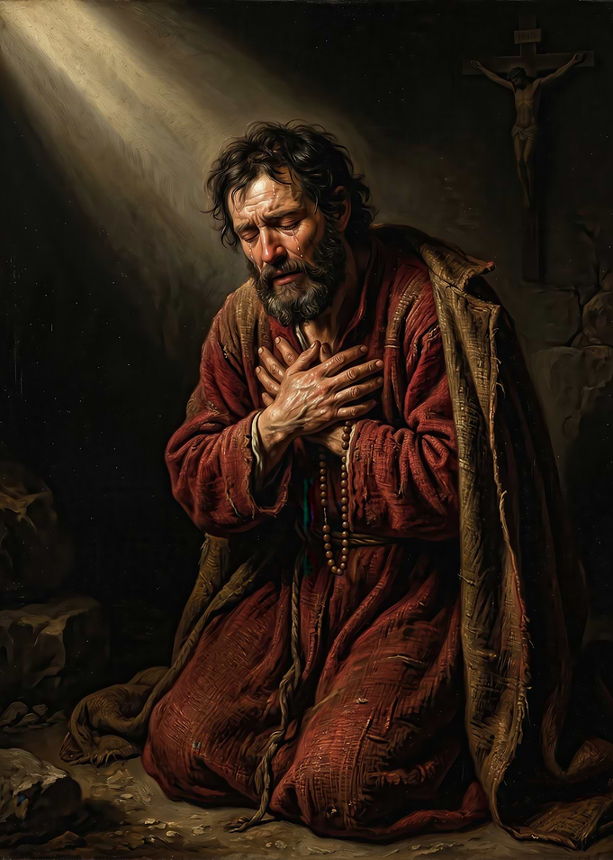Penitent Man Praying Before Crucifix