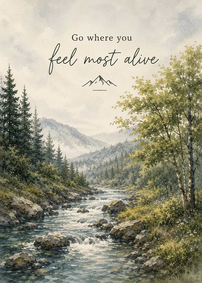 Inspirational Mountain River Watercolor Art