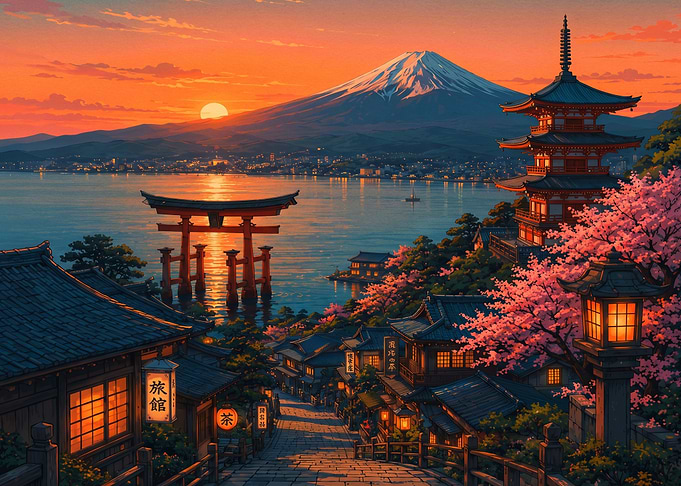 Mount Fuji Sunset Japanese Village Scene