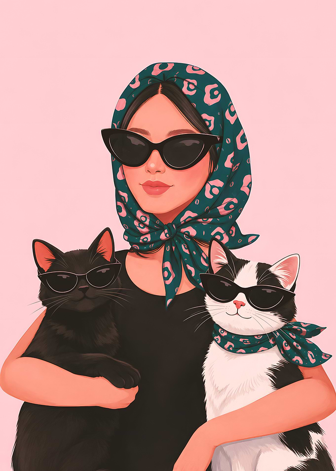 Stylish Woman with Two Cats