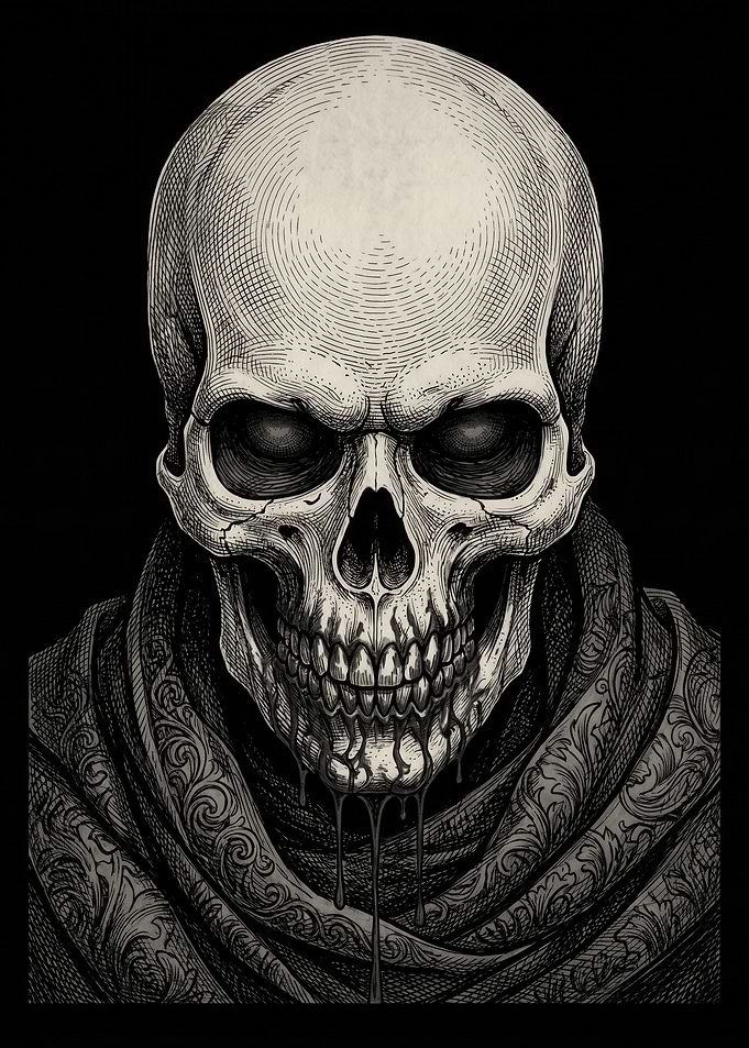 Intricate Engraved Skull with Dripping Substance