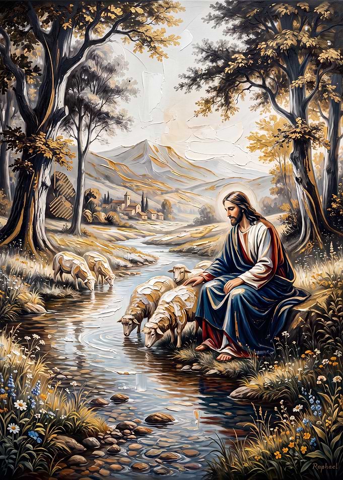 Jesus Christ with Sheep by Stream