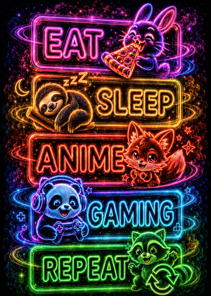 Neon Animal Eat Sleep Anime Gaming Repeat