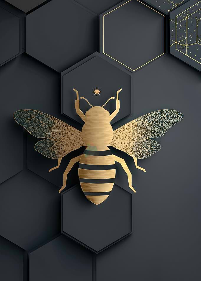 Golden Bee on Hexagonal Background