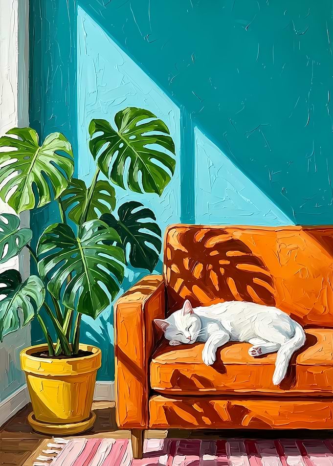 White Cat Sleeping on Orange Sofa