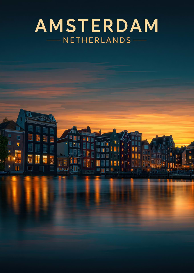 Amsterdam Netherlands Sunset Travel Poster
