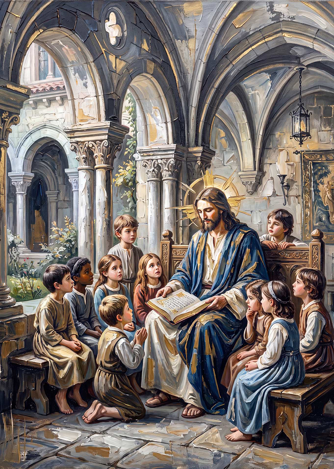 Jesus Teaching Children in Stone Cloister