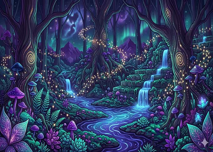 Enchanted Bioluminescent Forest Waterfall