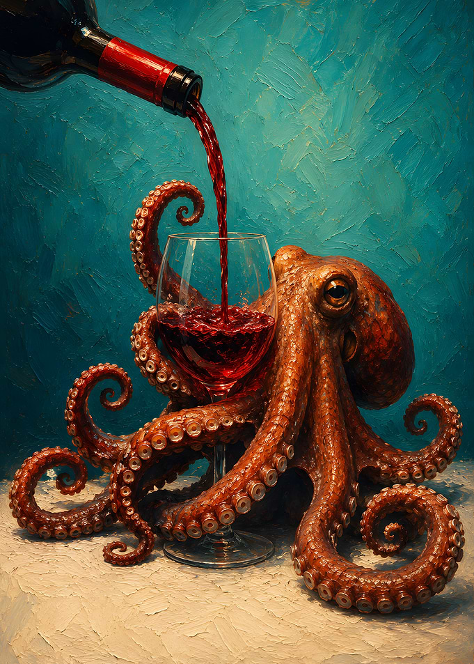 Octopus Pouring Red Wine