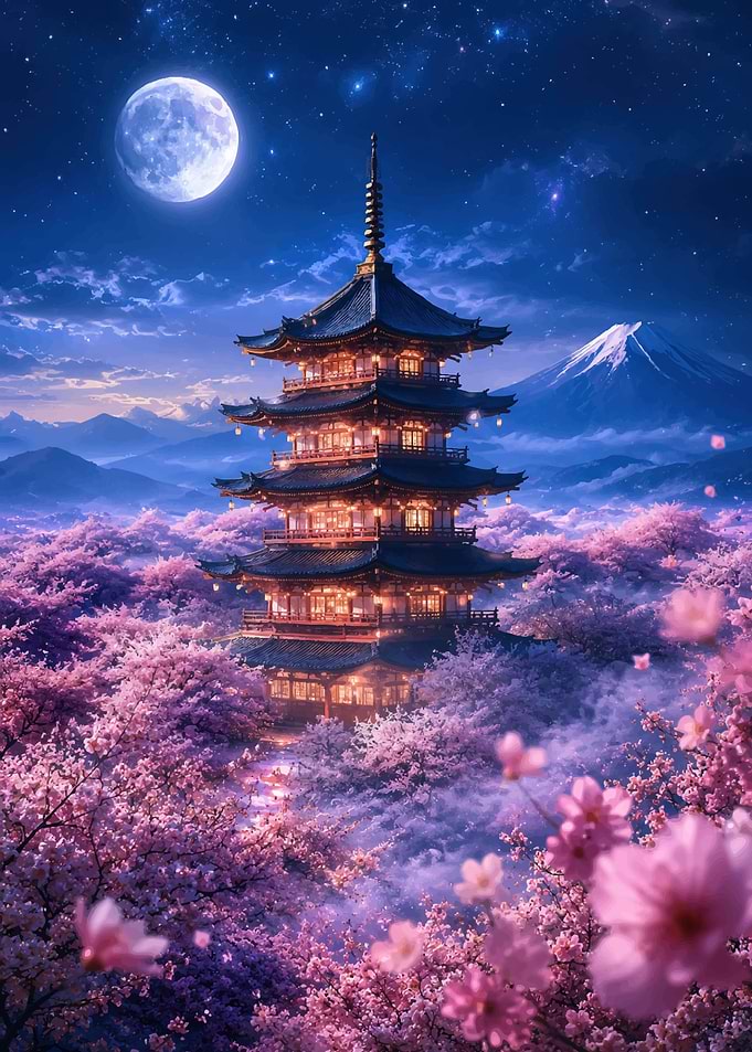 Pagoda Under Moonlight and Cherry Blossoms