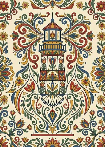 Traditional Nordic Kurbits Folk Art Lighthouse Illustration
