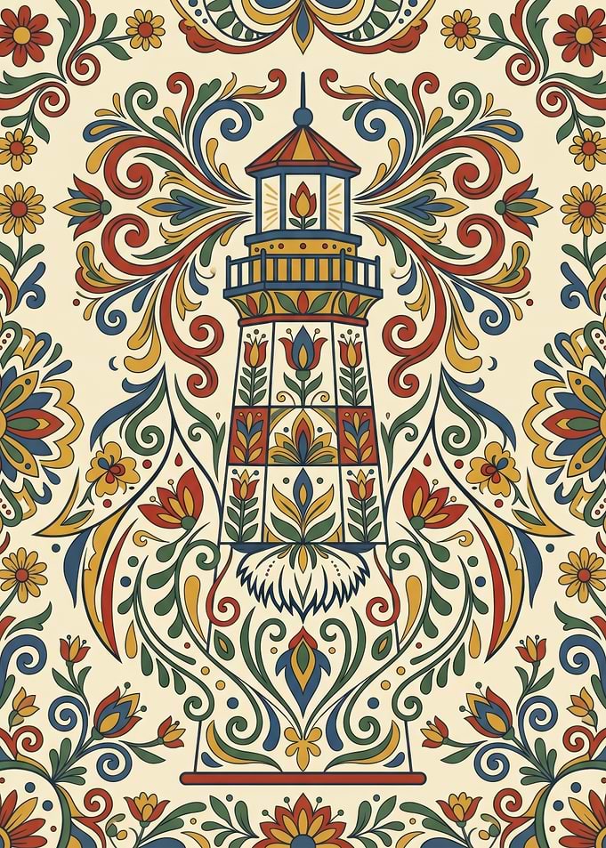 Traditional Nordic Kurbits Folk Art Lighthouse Illustration
