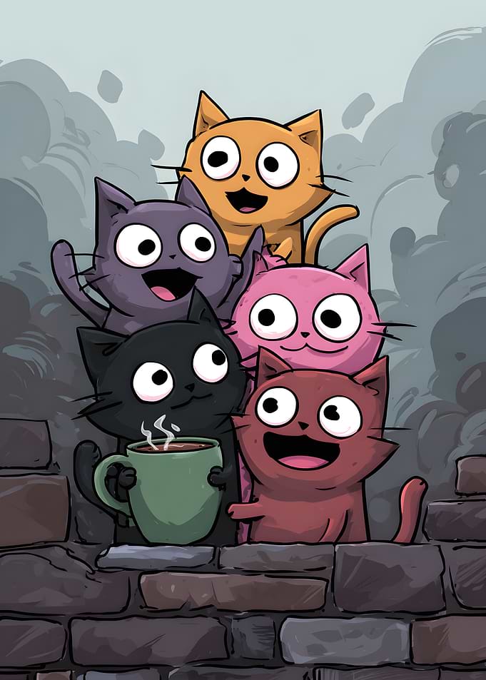 Group of Five Colorful Cartoon Cats with Coffee