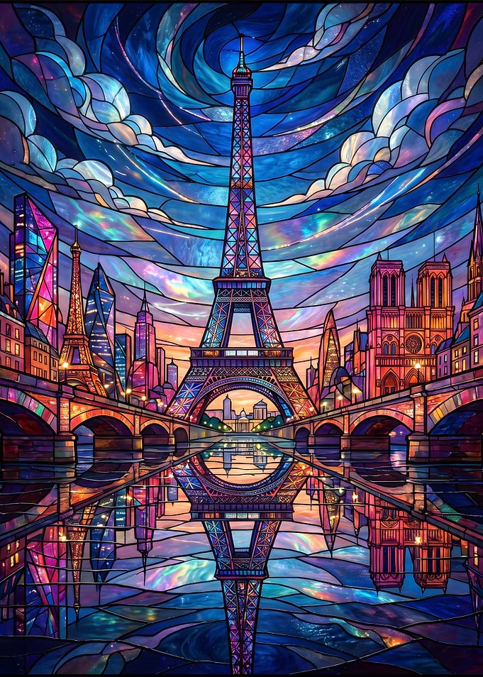 Stained Glass Eiffel Tower Paris Skyline