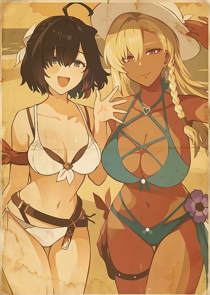 Anime Girls Beach Day Vintage Poster