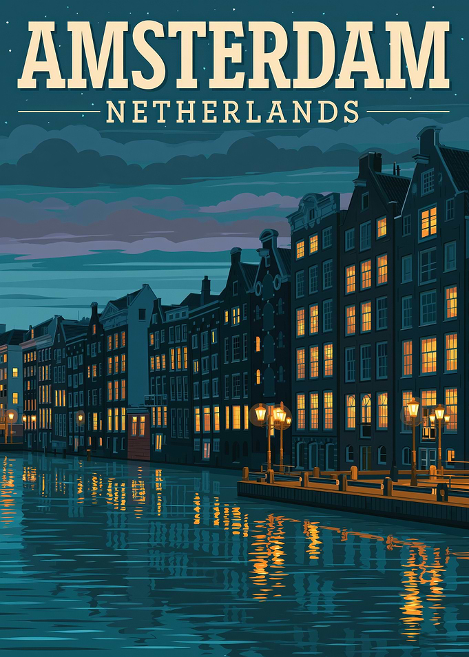 Amsterdam Netherlands Canal Night Poster