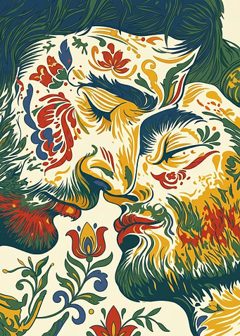 Traditional Kurbits Folk Art Beards Kiss Illustration