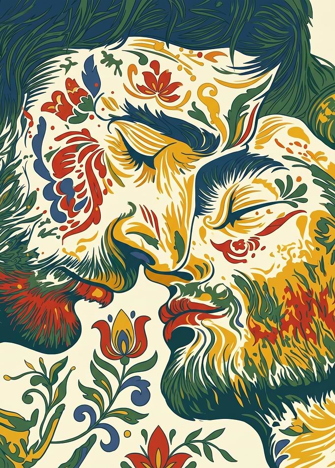 Traditional Kurbits Folk Art Beards Kiss Illustration