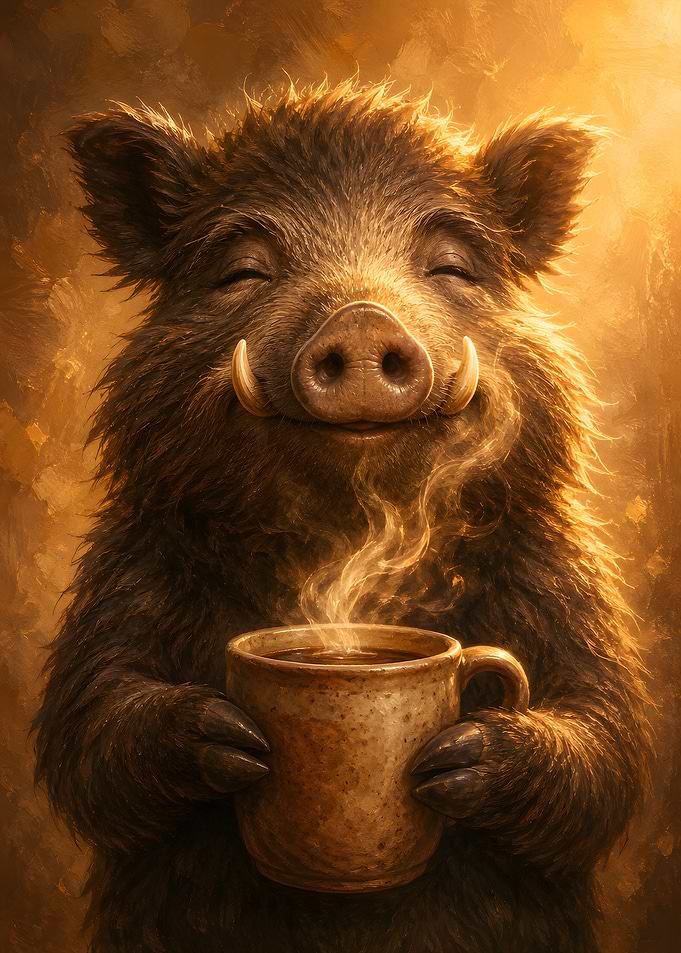 Happy Wild Boar Drinking Coffee
