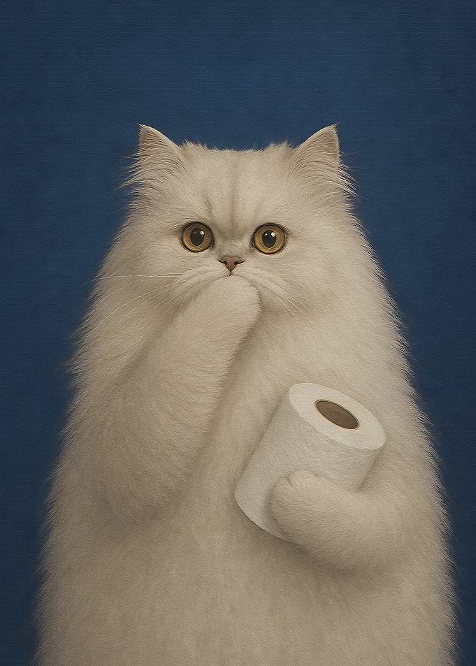 Surprised White Cat Holding Toilet Paper