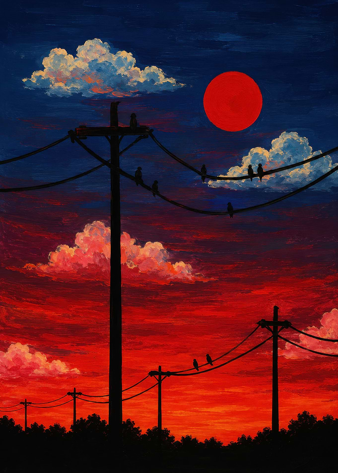 Red Sunset with Power Lines
