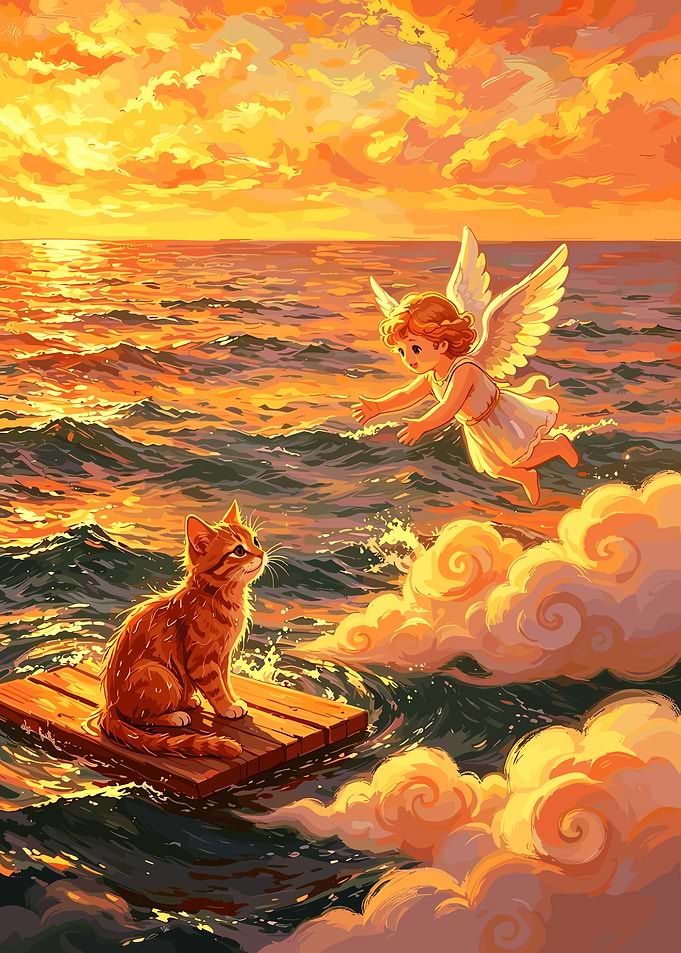 Angel Meeting a Cat at Sunset
