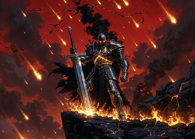 Dark Knight Standing Amidst Meteor Shower