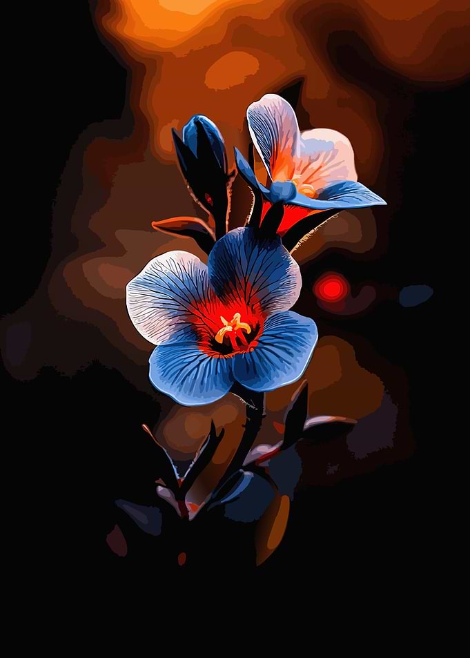 Glowing Blue and Red Floral Art