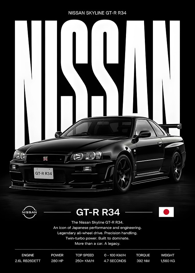 Black Nissan Skyline R34 GTR Car