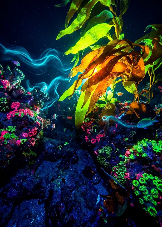 Bioluminescent Underwater Kelp Forest Scene
