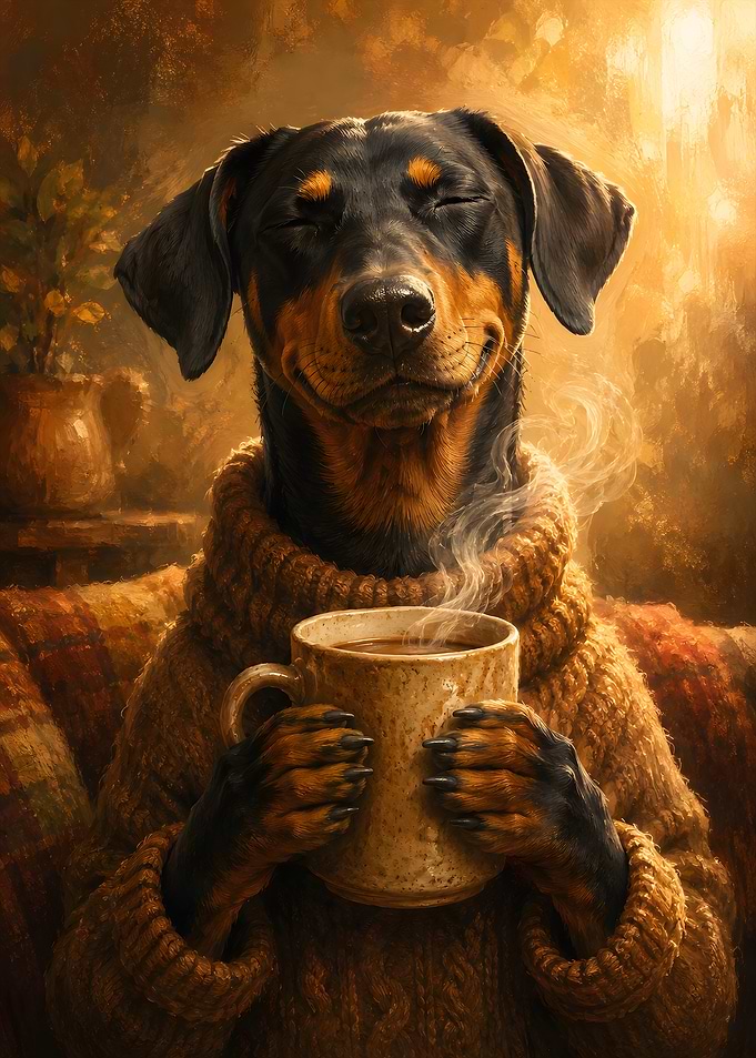 Cozy Doberman Enjoying Warm Coffee