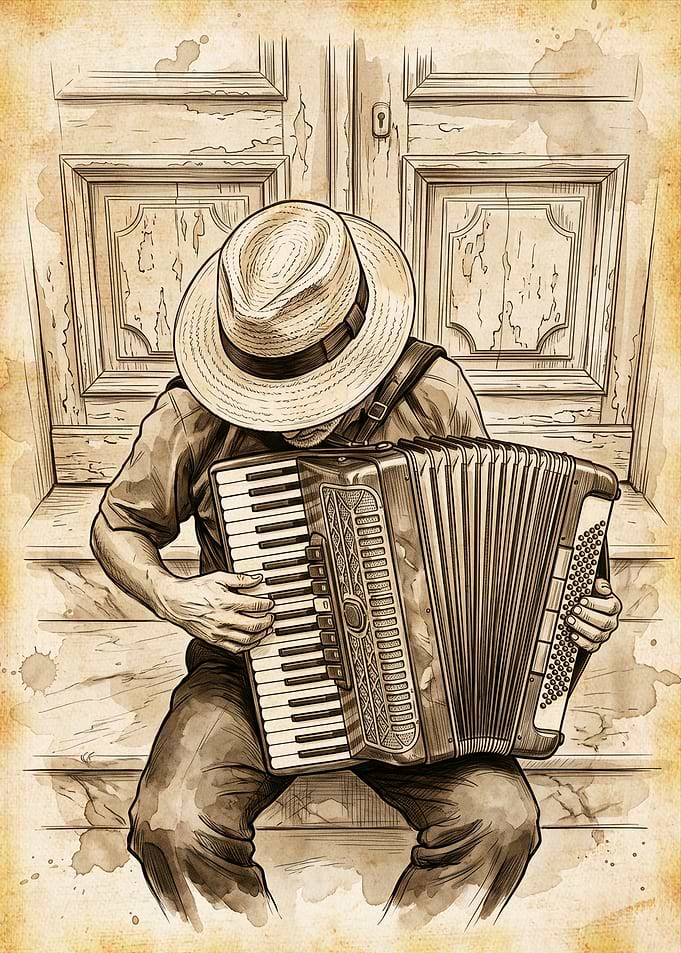Vintage Accordion Player Sketch