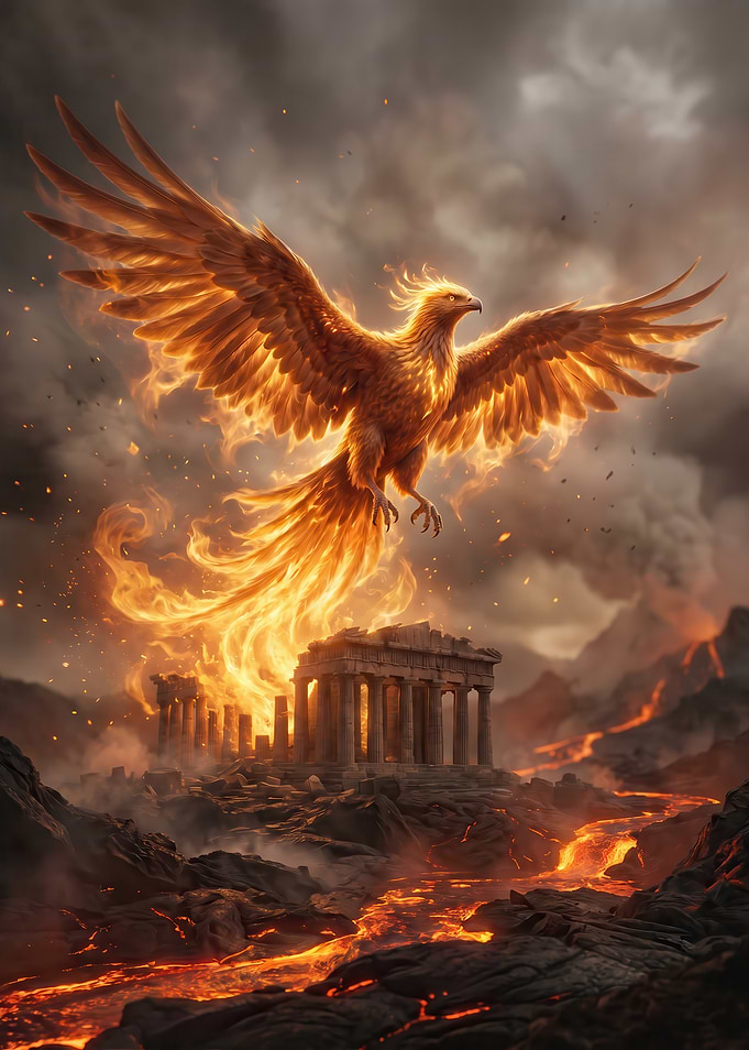 Phoenix Rising Over Ancient Ruins