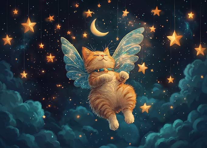 Cute Winged Kitten Floating Among Stars