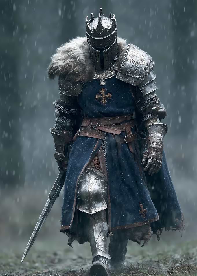 Knight in Armor Walking in Rain