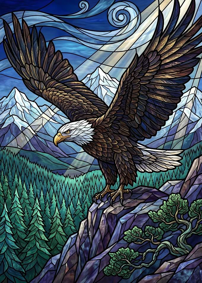 Stained Glass Bald Eagle Mountain Scene
