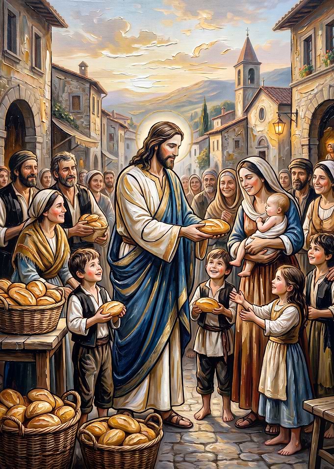 Jesus Sharing Bread with People