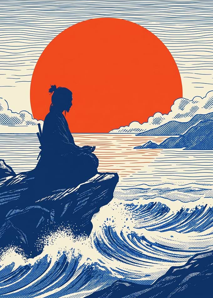 Samurai Meditating at Sunset