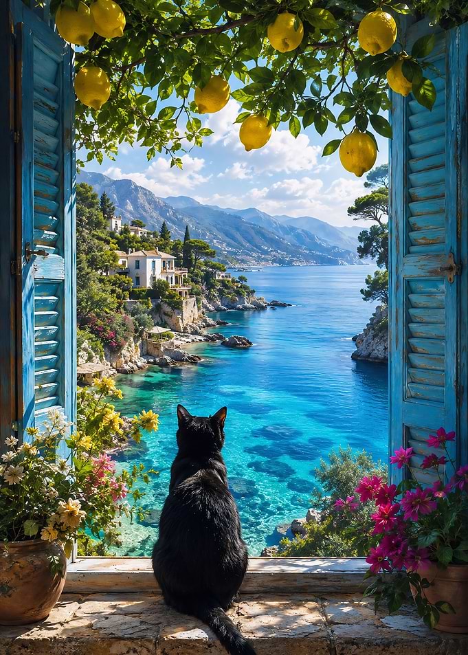 Black Cat Looking at Mediterranean Coast