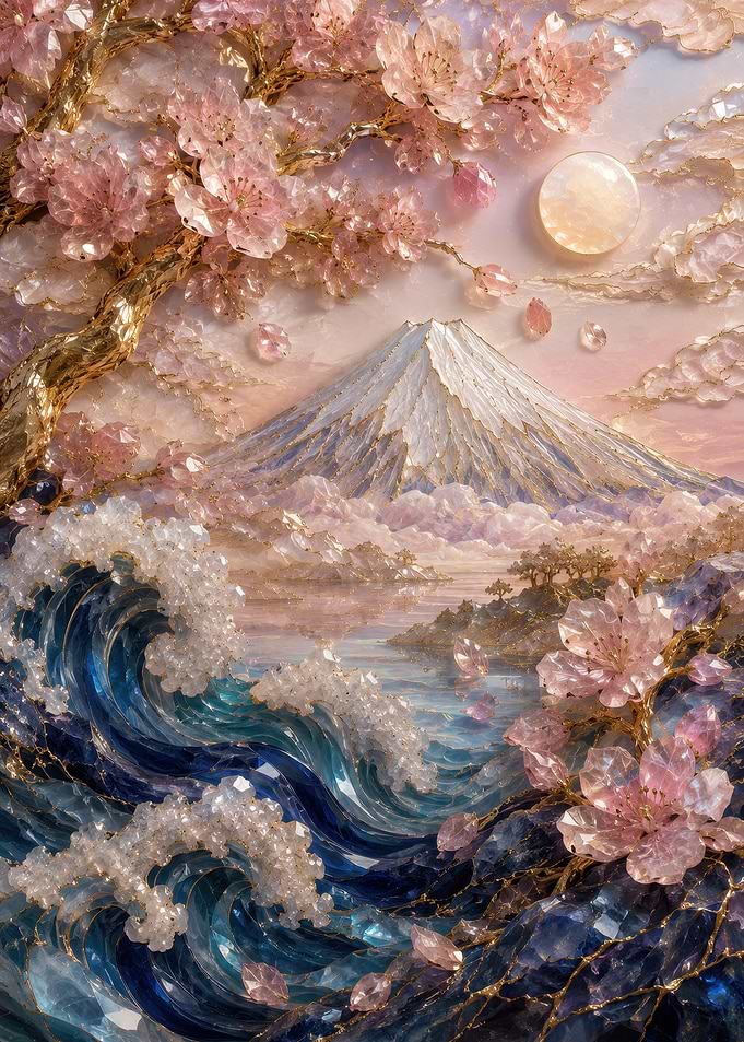 Crystal Mount Fuji and Cherry Blossoms