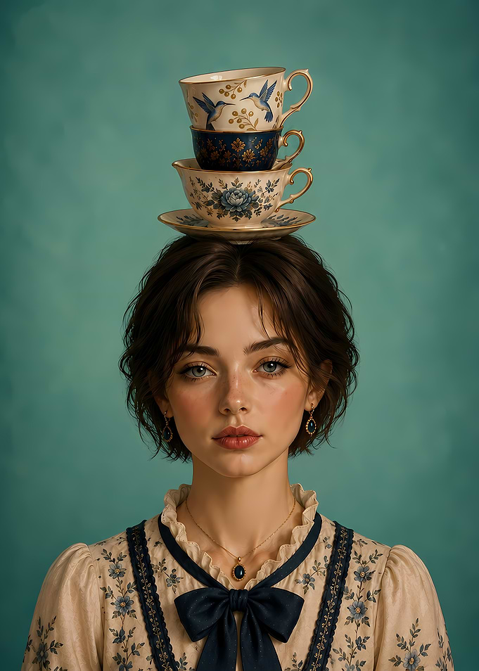 Woman Balancing Teacups on Head