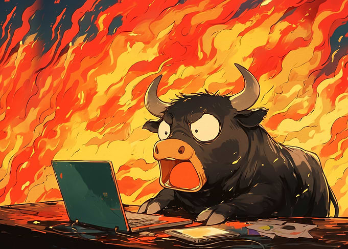 Stressed Bull Trading on Laptop