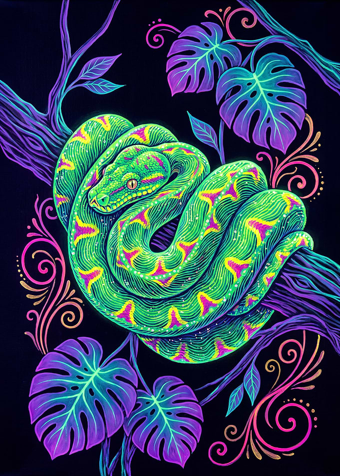 Neon Fluorescent Snake on Tropical Branch