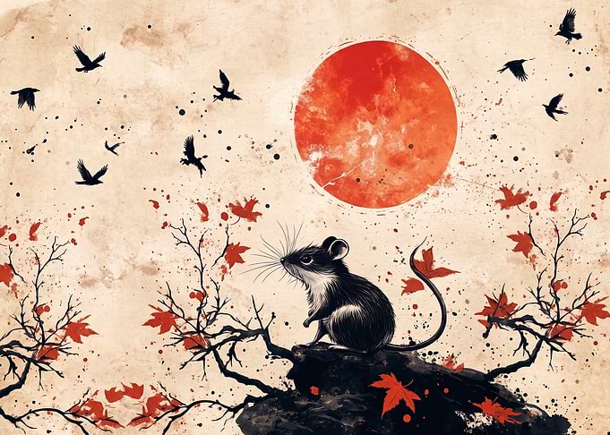 Mouse Under Red Sun Ink Illustration