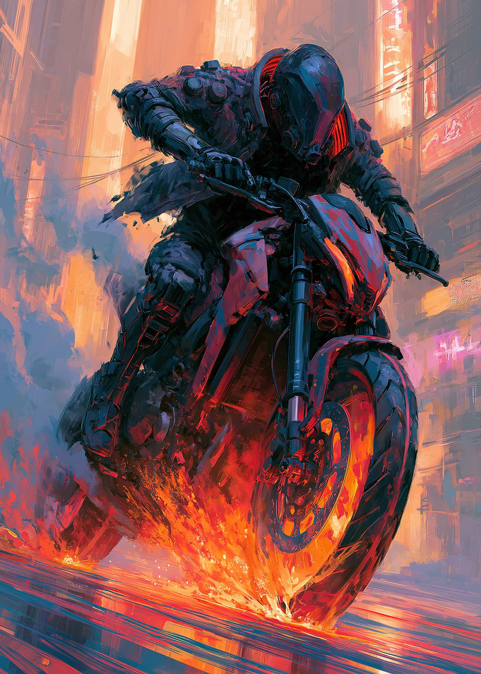 Cyberpunk Biker Speeding Through City