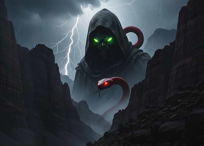 Dark Hooded Figure and Red Snake