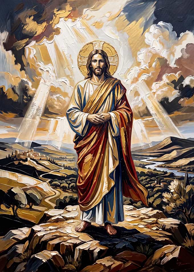 Jesus Christ Standing on Mountain Peak