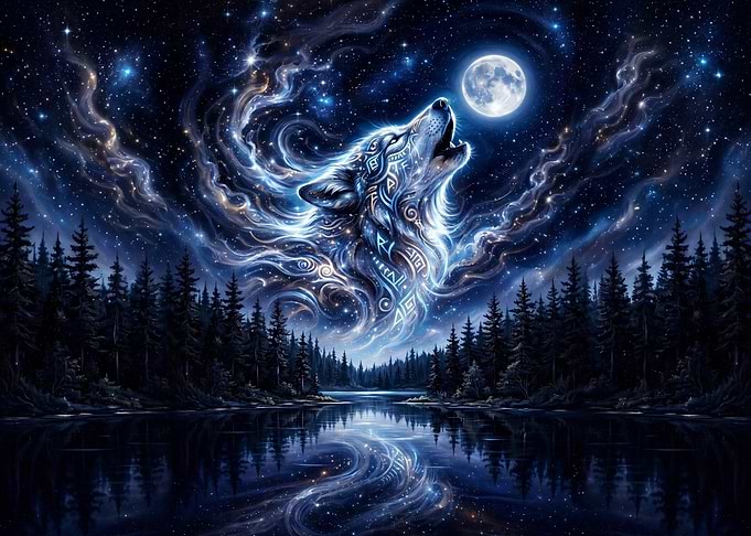 Celestial Wolf Howling at Moon