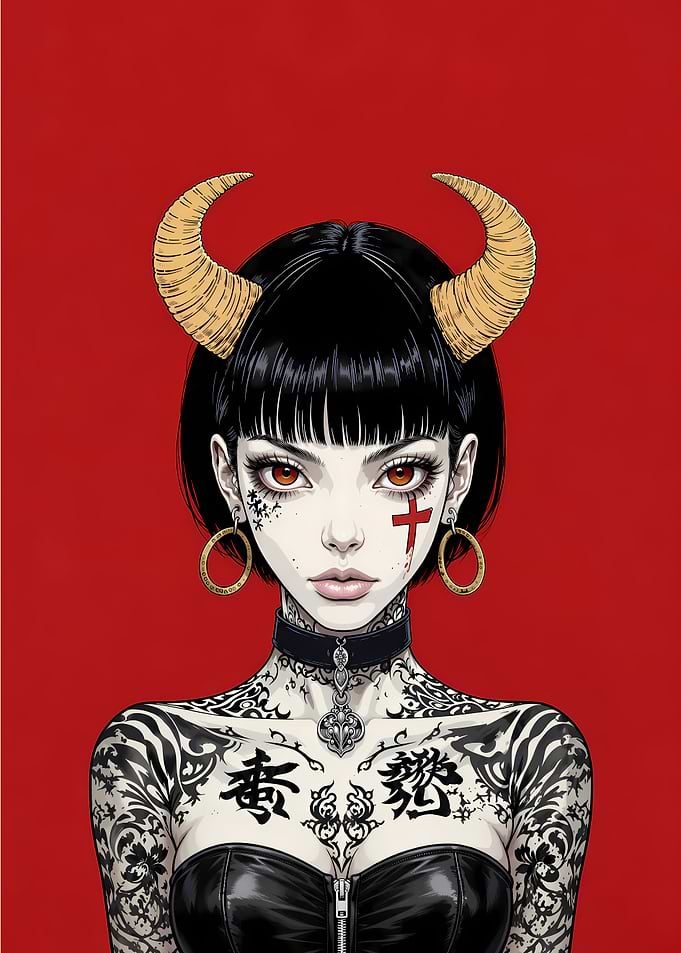 Demon Girl with Tattoos and Horns